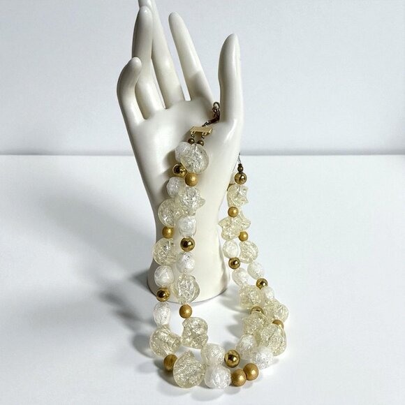 Vintage 2-Strand Lucite Bead Choker Necklace Gold Tone Spacer Beads Frosted 16" - Picture 2 of 9